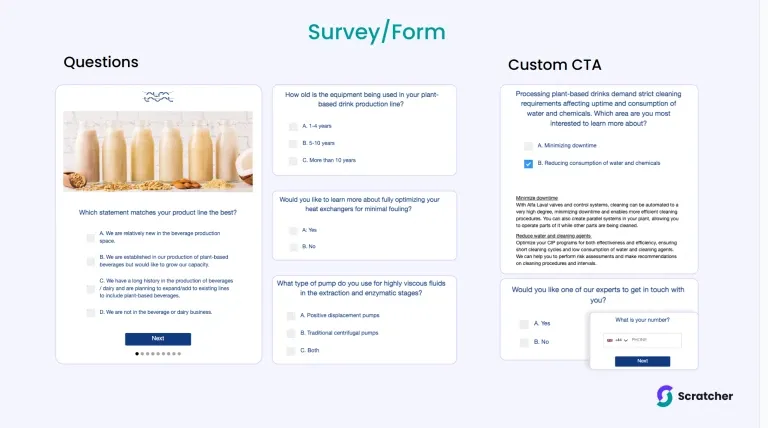 B2B survey with multiple-choice questions about plant-based drink production and a custom CTA