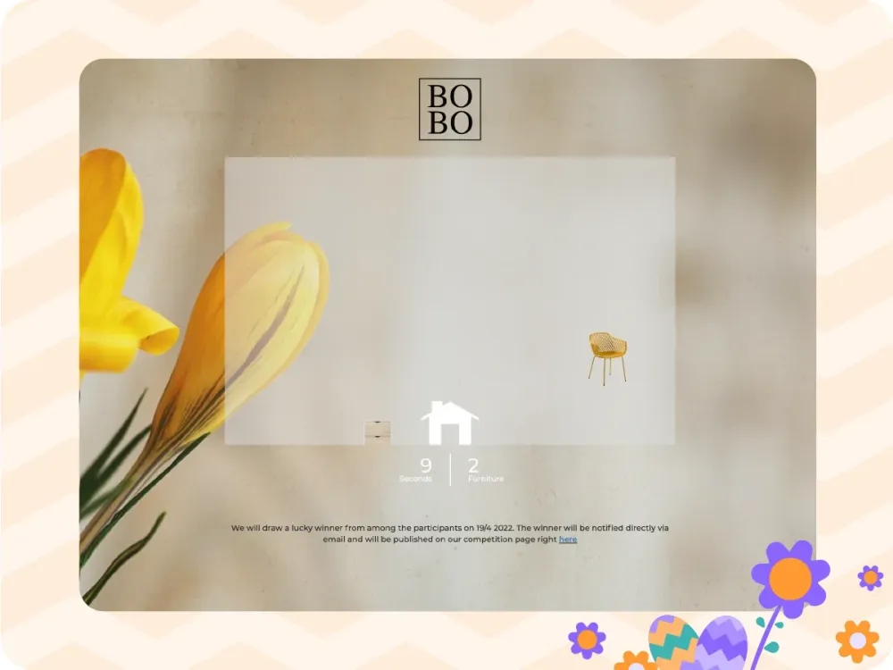 BOBO Easter drop game where players catch falling furniture