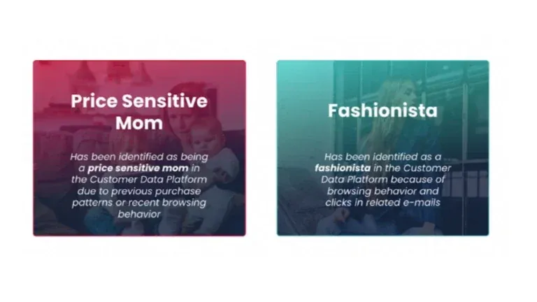 Two customer personas identified in a CDP: a price-sensitive mum and a fashionista