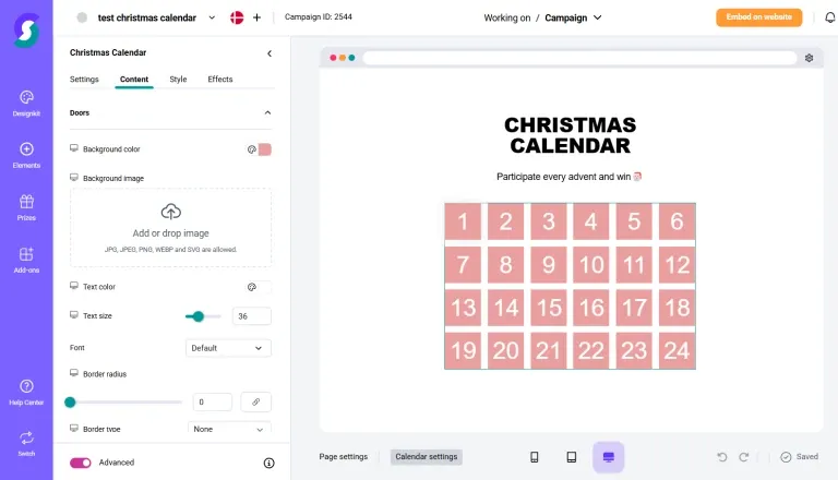 Christmas calendar door styling options for colour, image, text and border