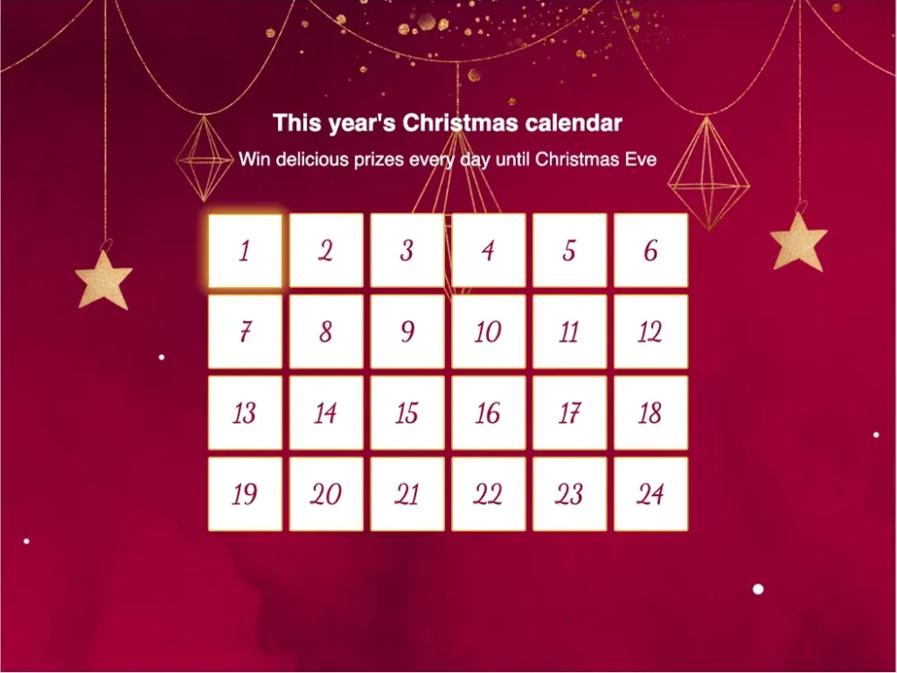 Christmas calendar with 24 numbered doors on a red festive background