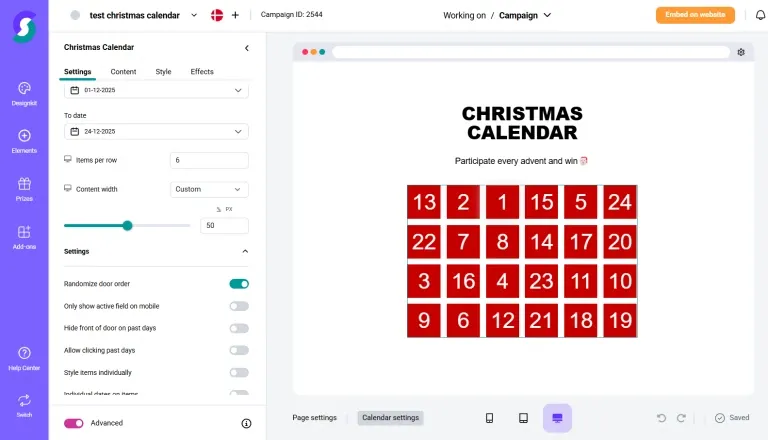 Christmas calendar settings with dates, items per row and randomised door order