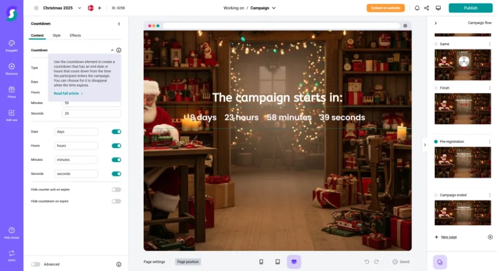 Scratcher editor showing a countdown timer on a Christmas campaign's pre-registration page