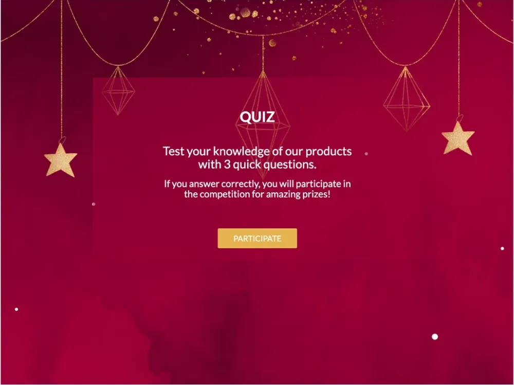 Christmas product quiz start screen on a red festive background