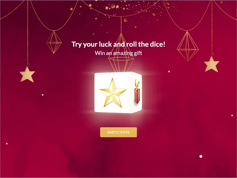 Christmas Roll the Dice game with a glowing die showing a gold star
