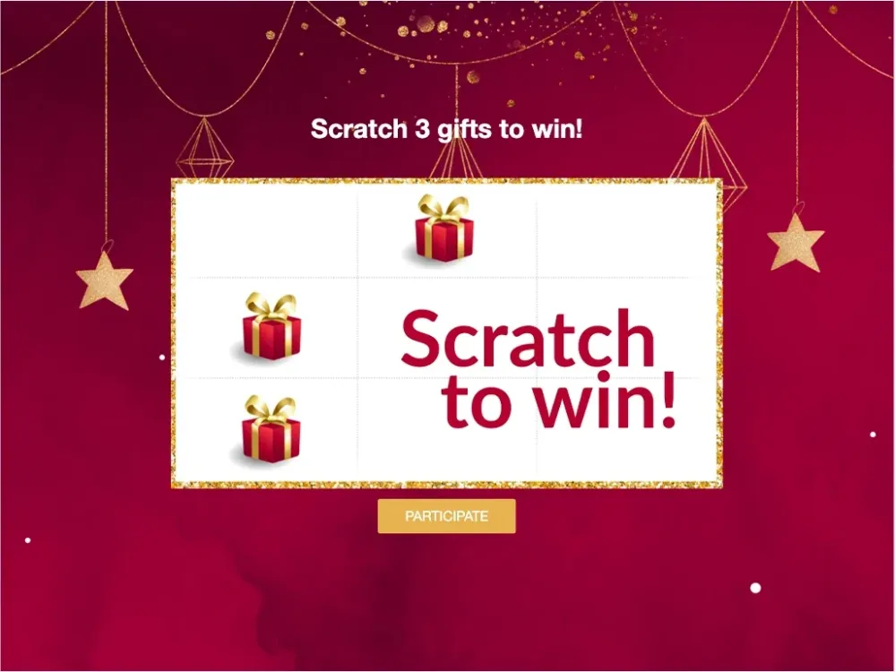 Christmas scratchcard game with gift icons on a red festive background