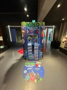 In-cinema display and floor sticker with a QR code for a ticket giveaway