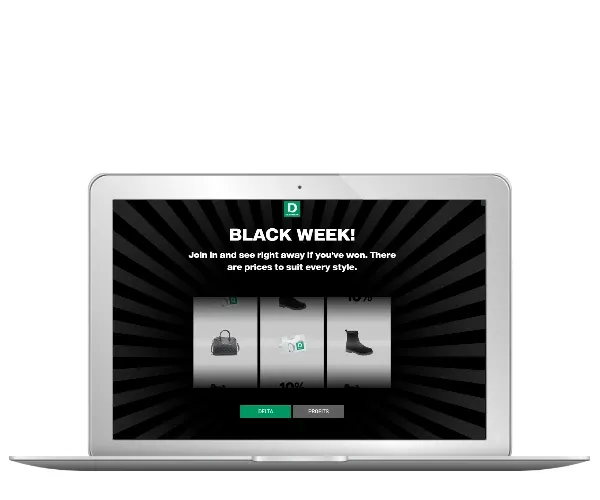 Deichmann Black Week slot machine game with shoes and bags on a laptop