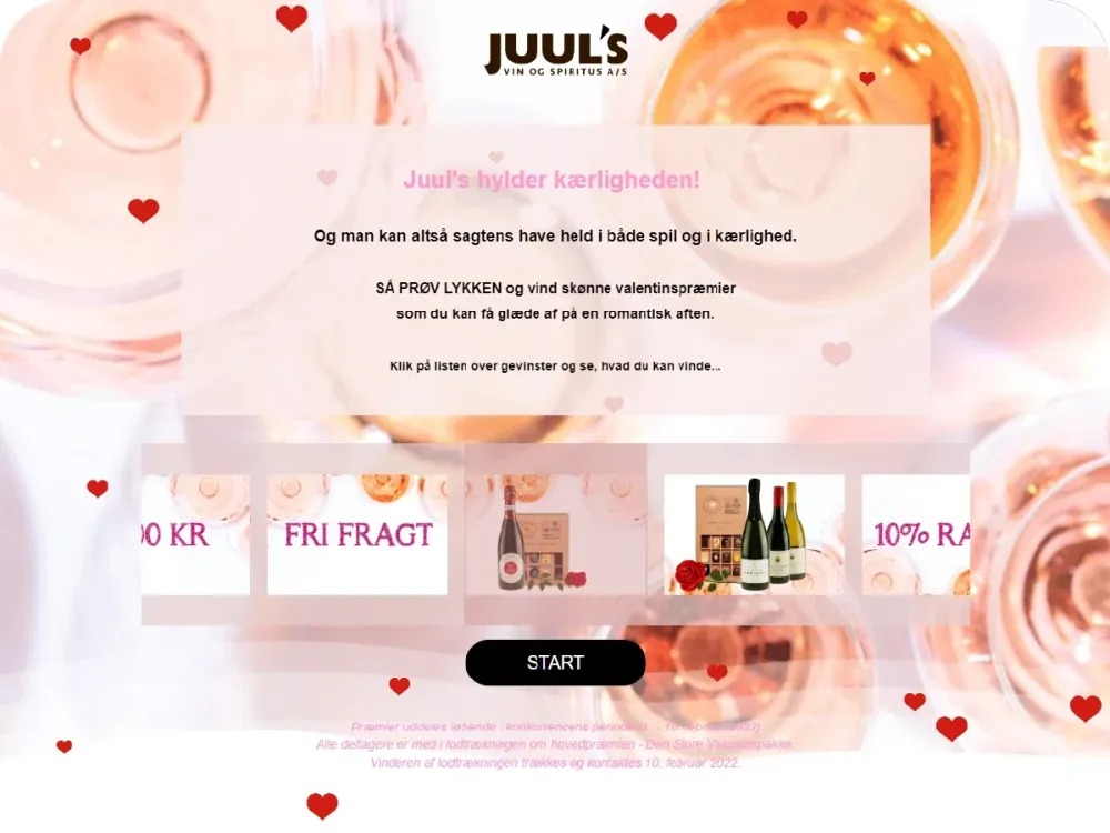Juul’s Valentine’s campaign with hearts and a row of prizes like free shipping