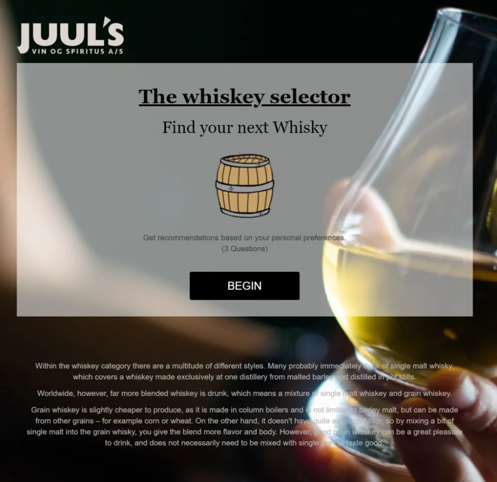 Juul's whiskey selector quiz start screen with a barrel illustration