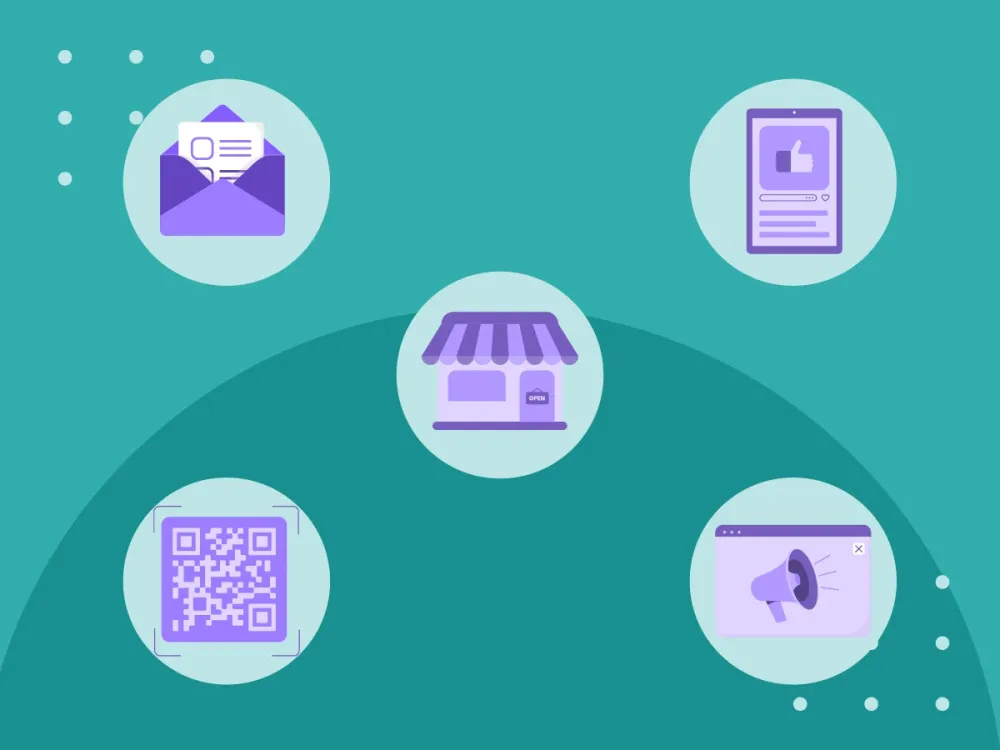 Illustration of marketing channels: email, social media, store, QR code and pop-up ads