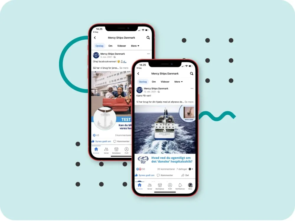 Mercy Ships Denmark Facebook posts promoting a gamified test on two phones