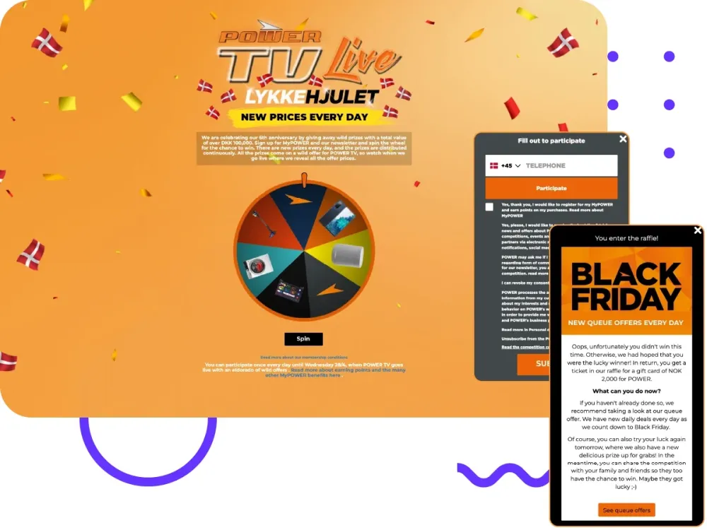 Glücksrad-Spiel von POWER TV Live mit Anmeldeformular und Black-Friday-Angebot