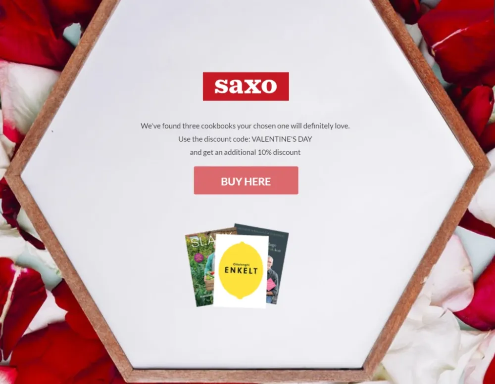Saxo matchmaker result recommending three cookbooks with a discount code