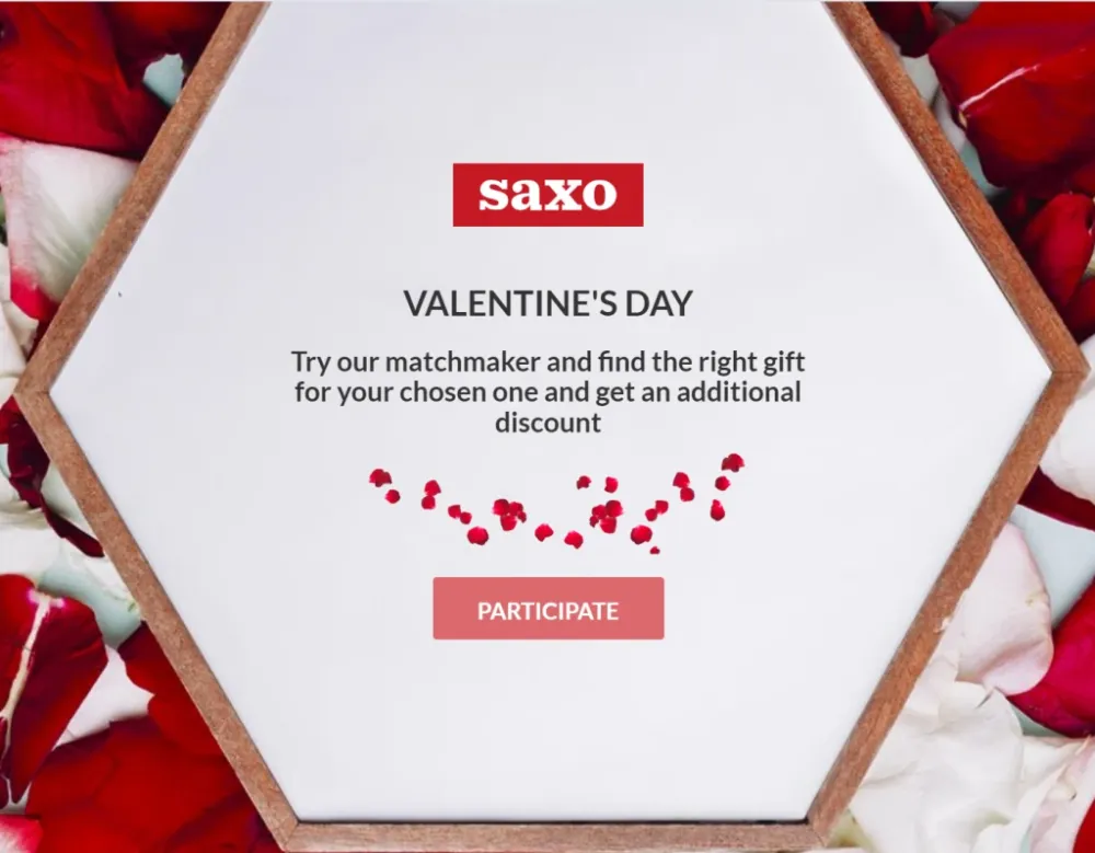 Saxo Valentine's Day matchmaker start screen inviting users to find the right gift