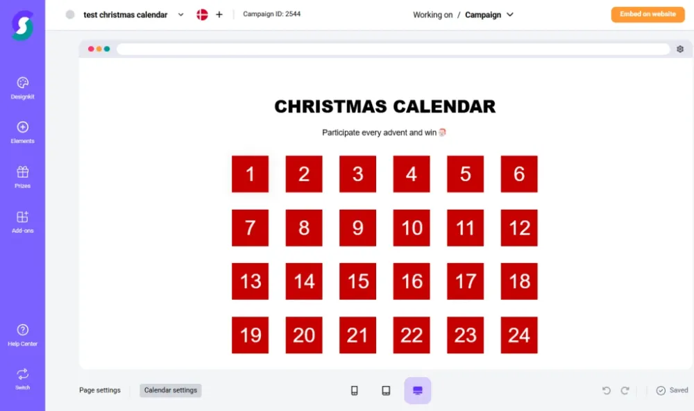 Scratcher editor showing a Christmas calendar game with 24 red doors