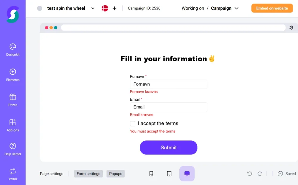 Entry form with name, email and terms checkbox in the Scratcher editor