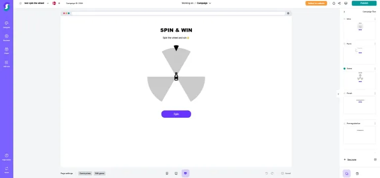 Scratcher editor with a Spin & Win wheel on the game page