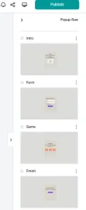 Pop-up flow panel in Scratcher with Intro, Form, Game and Finish pages