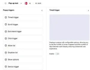 Pop-up triggers menu in Scratcher listing timed, scroll, exit-intent and other triggers