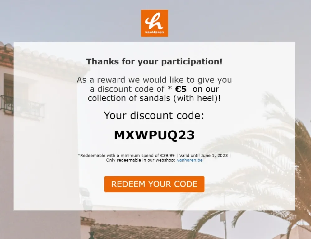 vanHaren thank-you screen with a €5 discount code for sandals