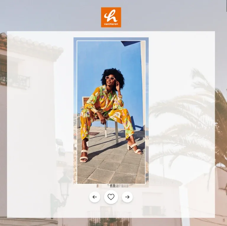 vanHaren swipe game showing a sandal outfit to like or skip