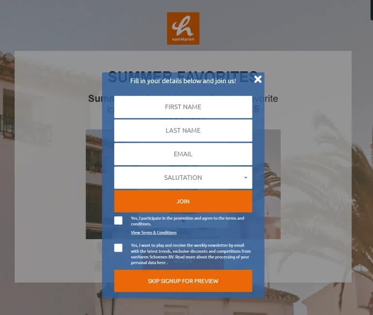 vanHaren swipe game sign-up form for name, email and salutation