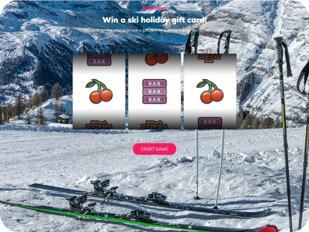 Velkommen slot machine game to win a ski holiday gift card, on a snowy background