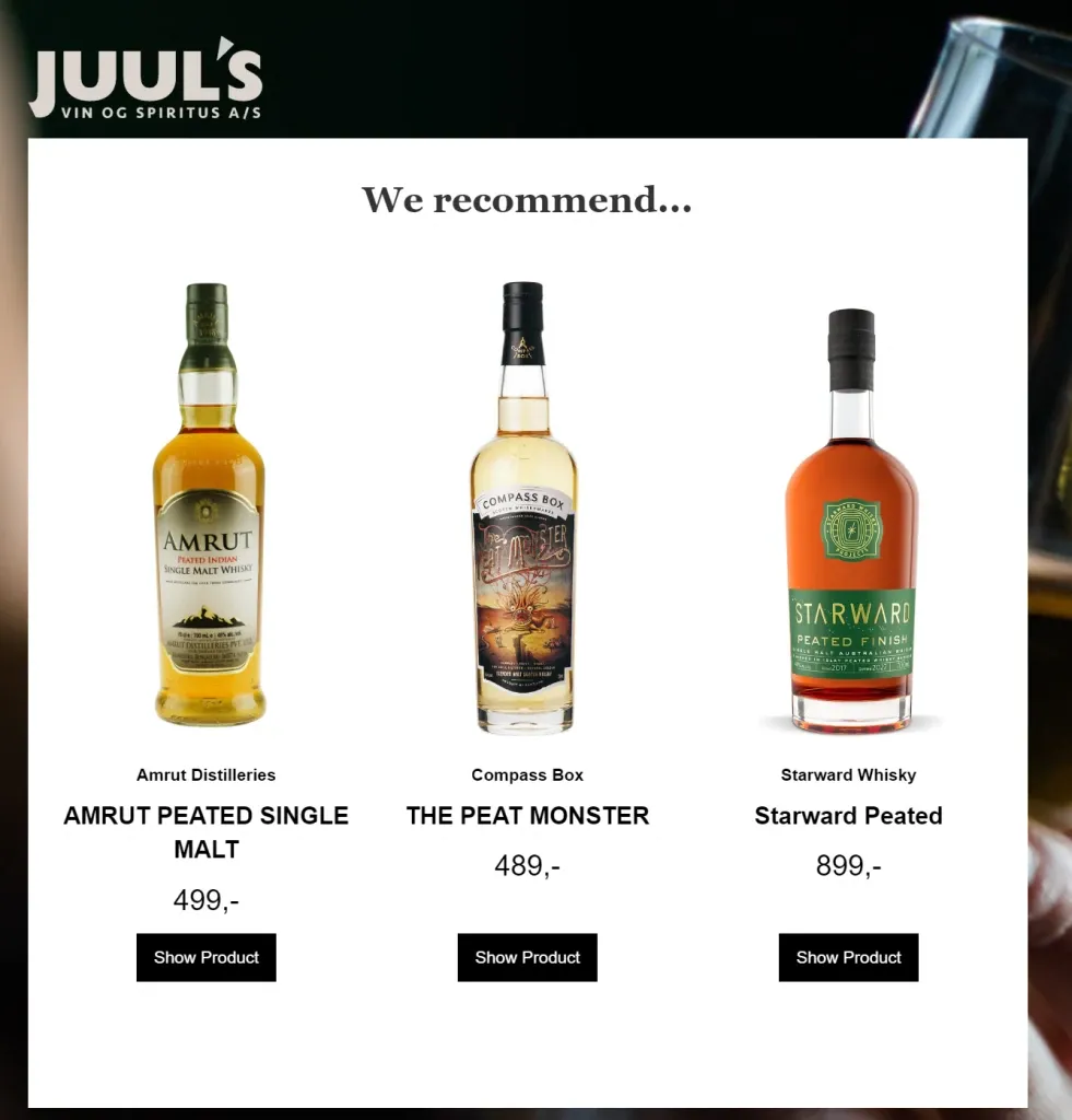 Whiskey selector results recommending three whisky bottles with prices