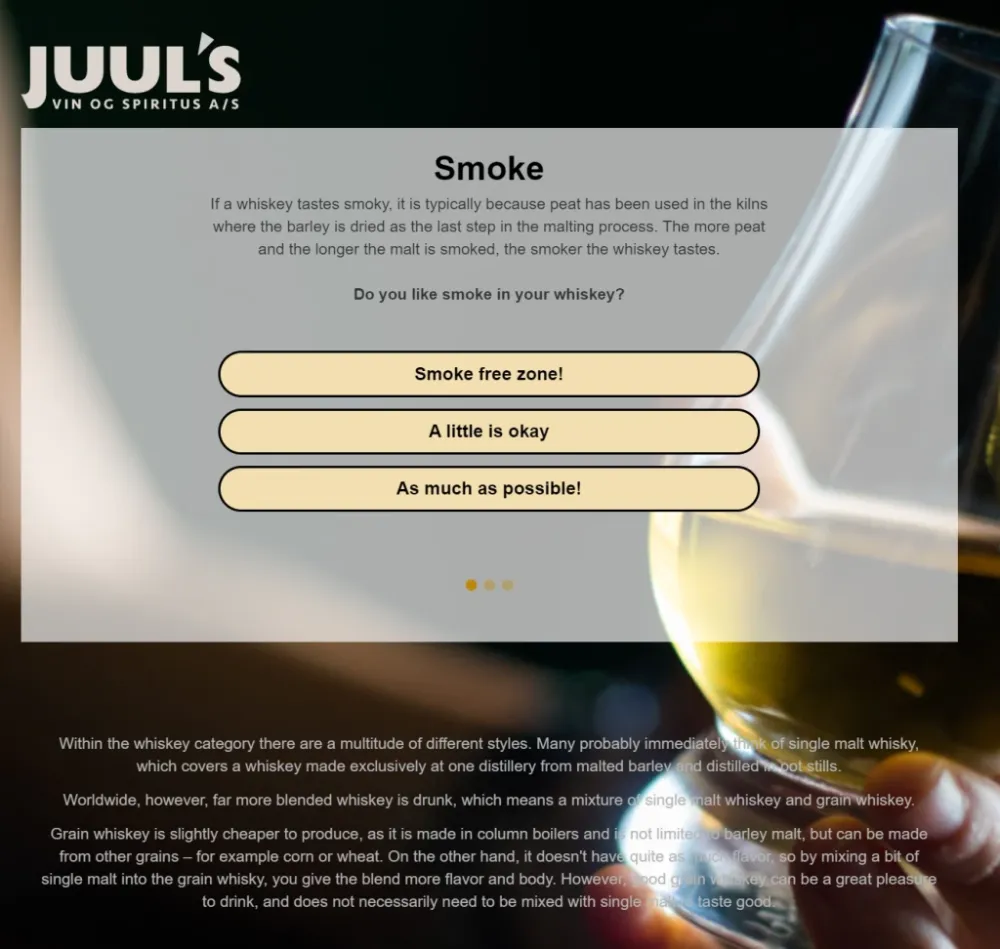 Whiskey selector question asking how much smoke the user likes