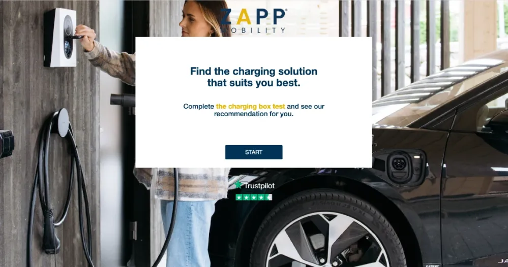 Zapp charging box test start screen: find the charging solution that suits you best