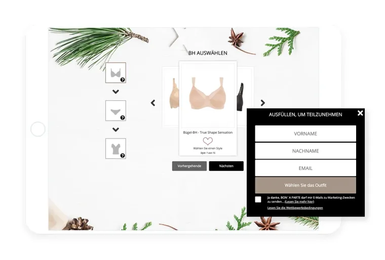 BON'A PARTE outfit picker game on a tablet with a participation form