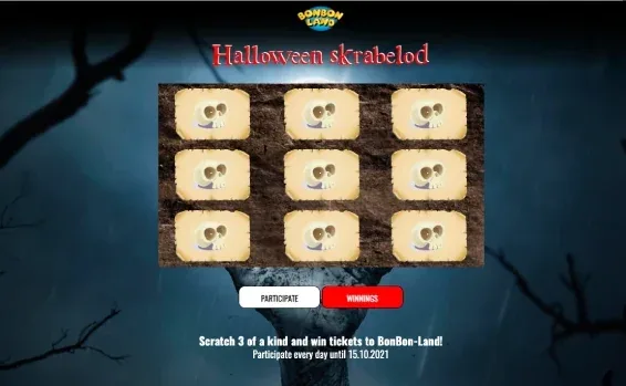 BonBon-Land Halloween scratchcard game with nine skull tiles to scratch