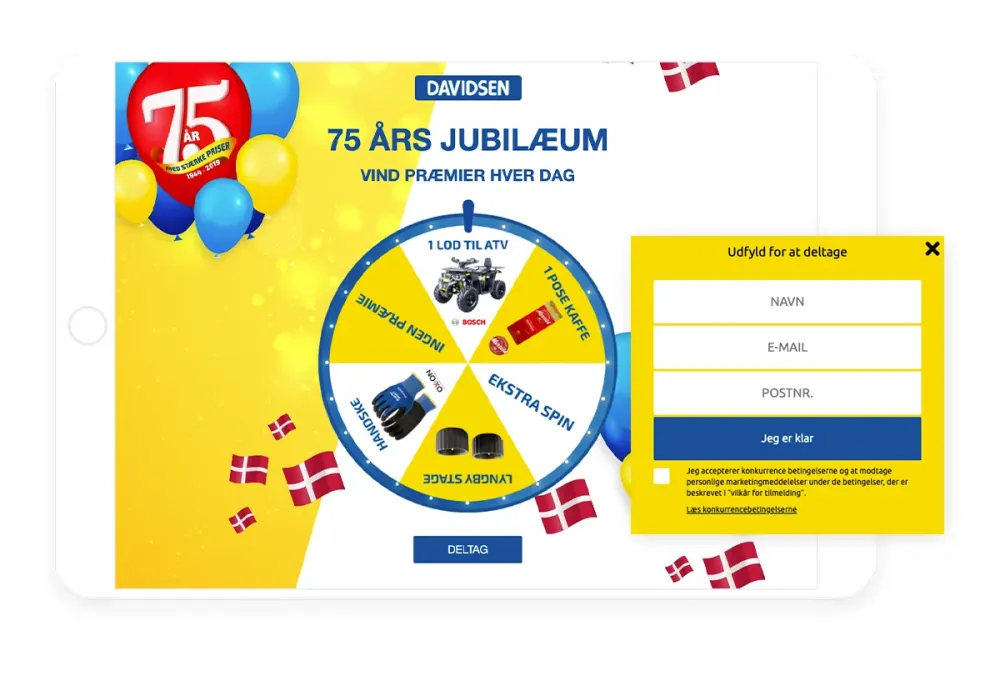 Davidsen 75th anniversary spin-the-wheel game with a sign-up form on a tablet