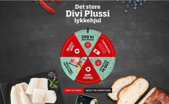 Brugseni Divi Plussi wheel of fortune with discount prizes on a chalkboard background