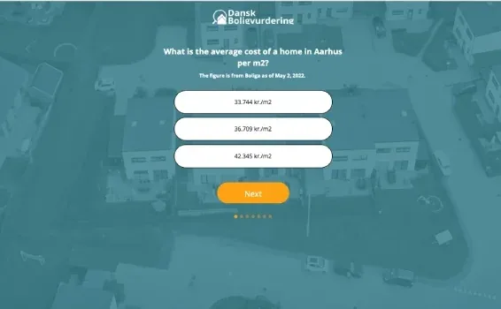 Dansk Boligvurdering quiz asking the average cost per square metre of a home in Aarhus