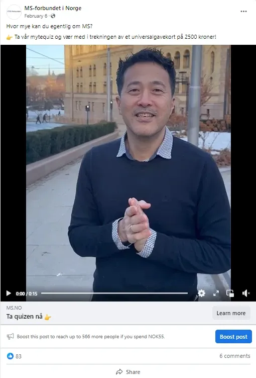 MS-forbundet Facebook video ad with the general secretary promoting the MS myth quiz