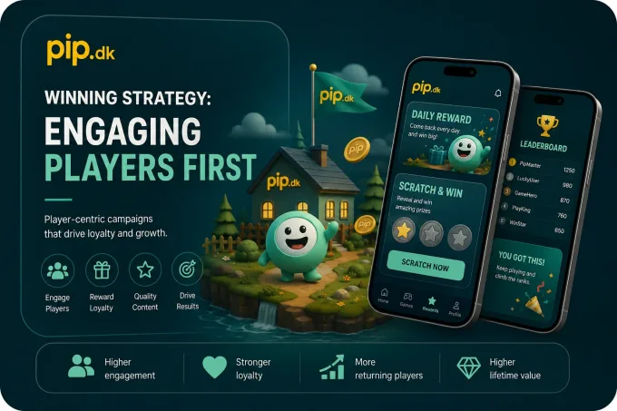 pip.dk graphic with a mascot, daily rewards and scratch-and-win games on phones