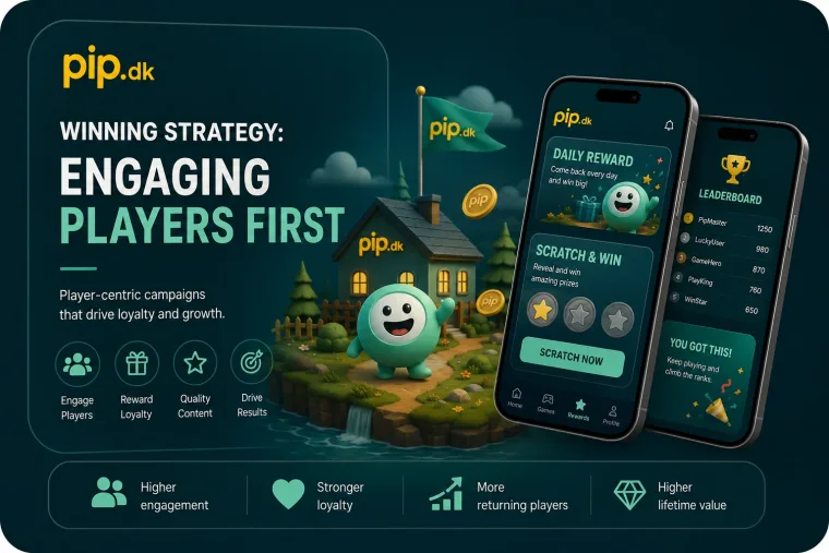 pip.dk graphic with a mascot, daily rewards and scratch-and-win games on phones