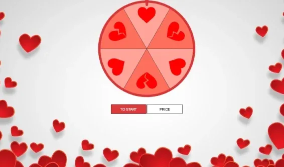 Valentine's wheel of fortune with heart segments surrounded by red hearts