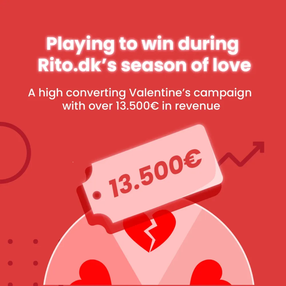 Rito.dk Valentine's campaign graphic showing over €13,500 in revenue