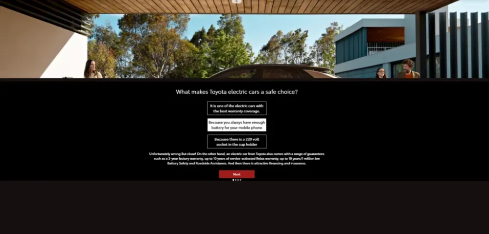 Toyota quiz question asking what makes Toyota electric cars a safe choice