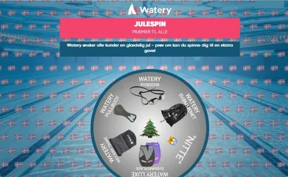 Watery Christmas spin wheel with swimming gear prizes over a swimming pool