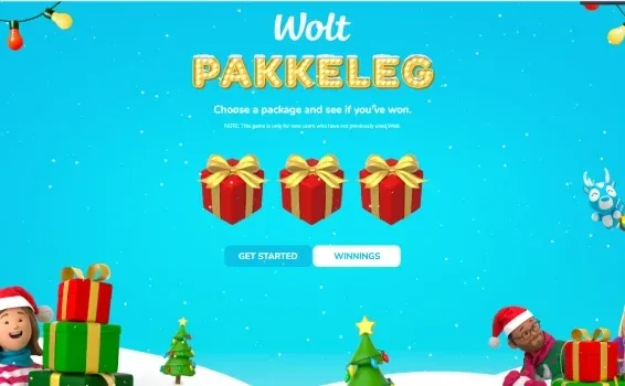 Wolt Pakkeleg Christmas game where players choose one of three gift boxes