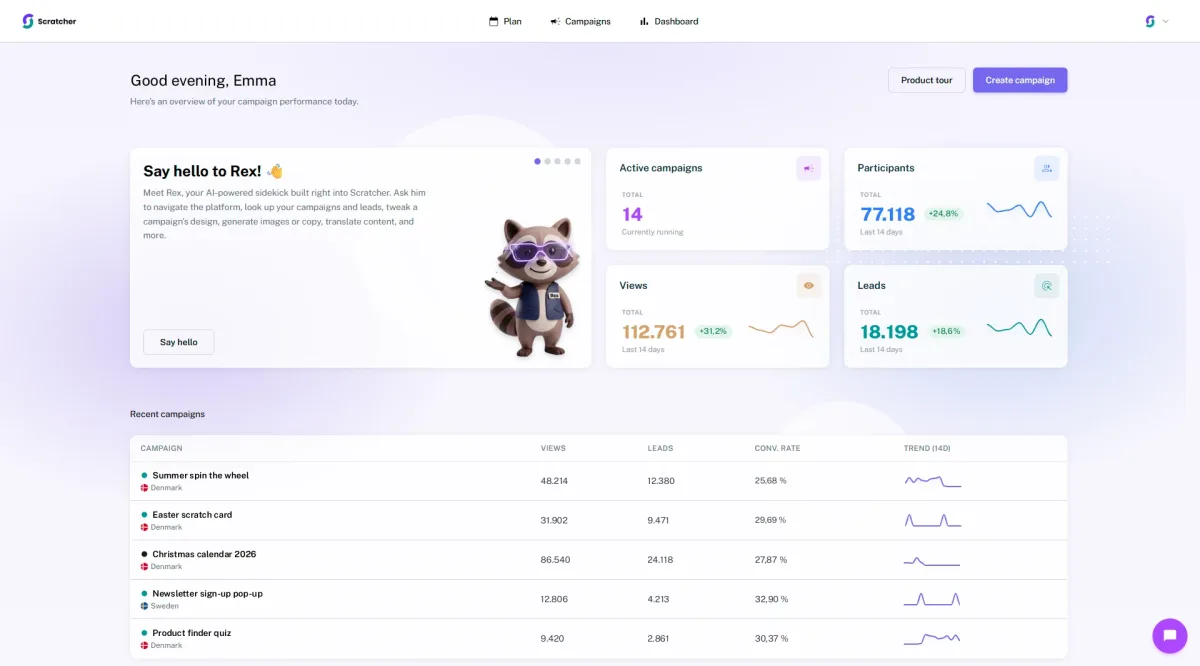 The Scratcher dashboard with active campaigns, participants, views and leads