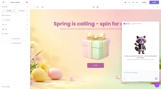 The Scratcher editor with an Easter campaign and Rex, the AI assistant