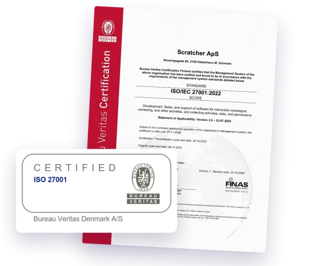 ISO/IEC 27001:2022 certificate for Scratcher ApS from Bureau Veritas, with the Bureau Veritas "Certified ISO 27001" badge