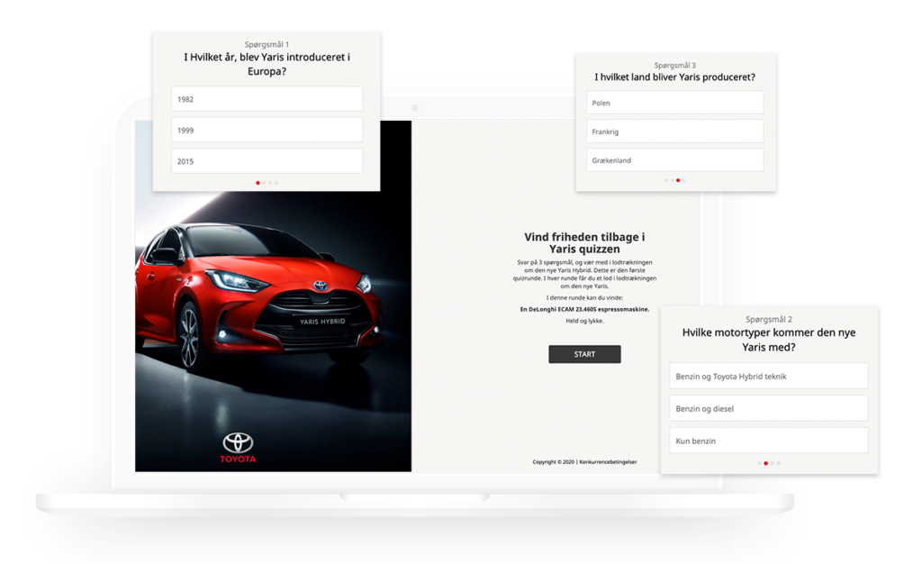 Quiz for a loyalty program on a laptop. Red car on the bottom left