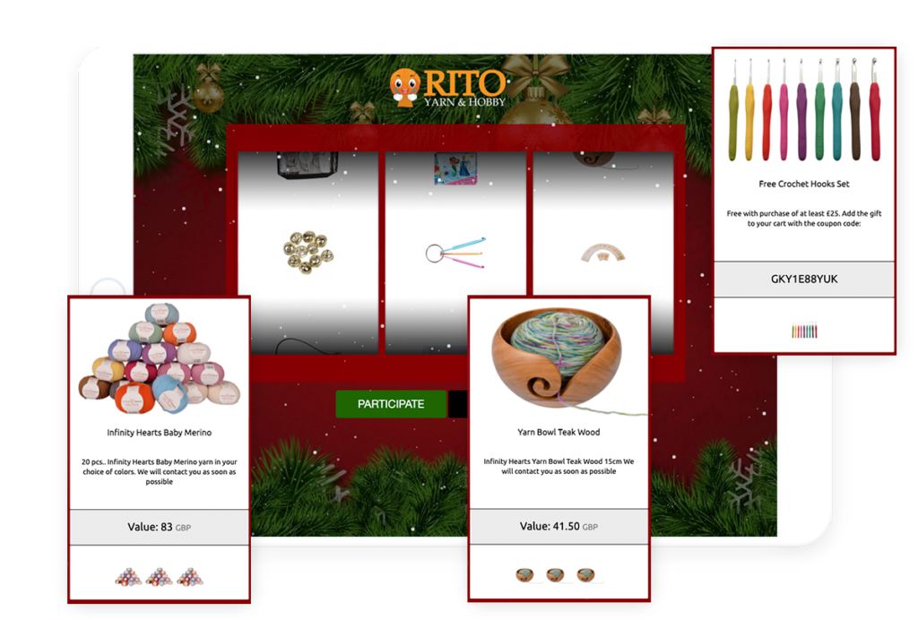 christmas background, slot machine with knitting items on the rolls. popup with prizes of the slot machine, rito.dk campaign