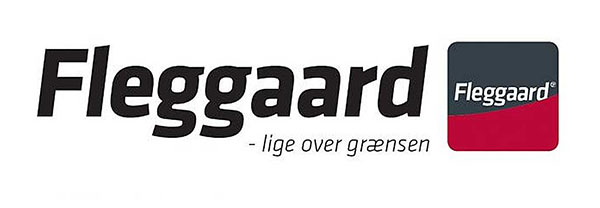 Fleggaard logo, black inscription, black and red square with white company name inscription
